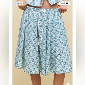 NWT Anthropologie Maeve Teal and White Plaid A Line Midi Skirt Size Medium